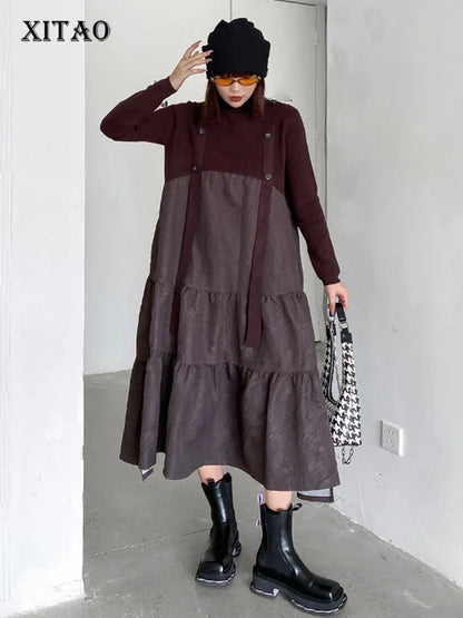 XITAO Knitting Patchwork Dress Fashion Turtleneck Pullover False Two Pieces Women Spring Loose Simplicity Casual Dress WLD13086