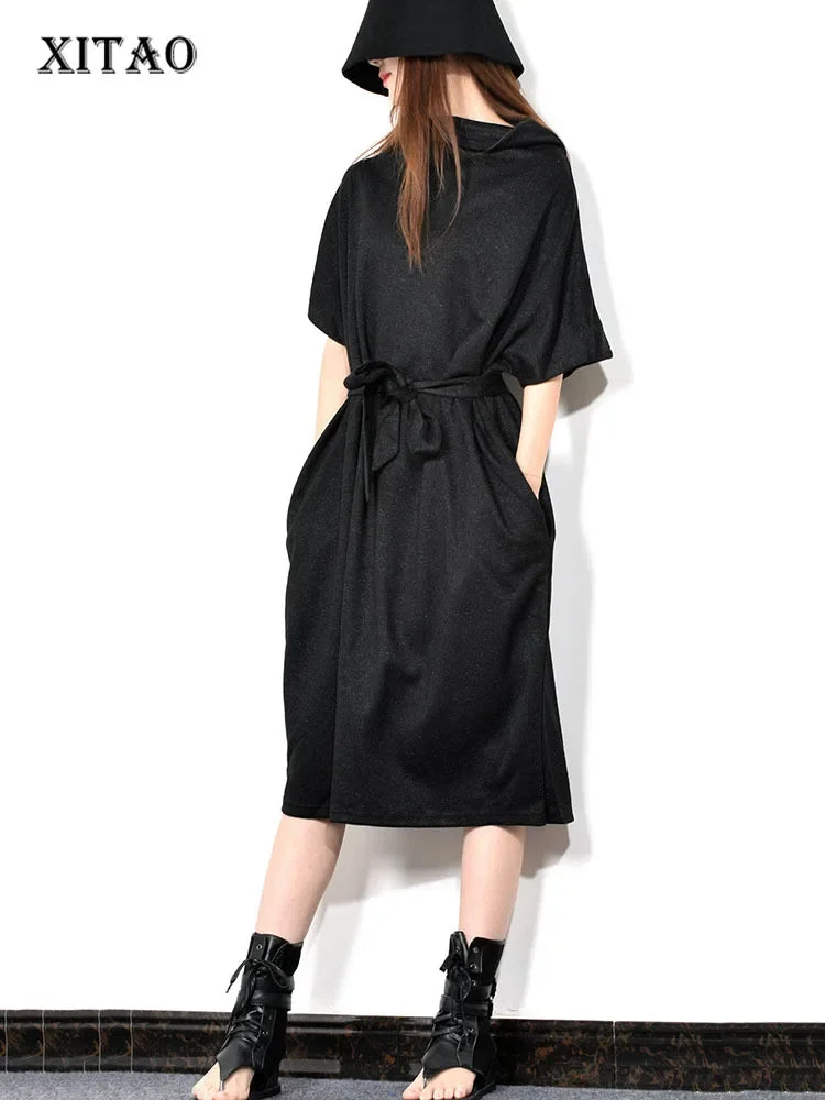 XITAO Sashes Casual Turtleneck Collar Dress Women Spring Fashion Tide New Style Loose Short Sleeve Pocket Dress GCC2815