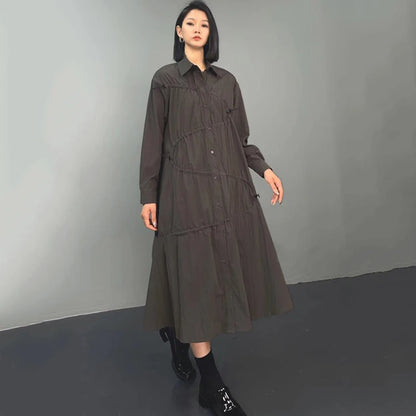 XITAO Loose Solid Draw Pleated Shirt Dress Single Breasted Turn-down Collar Mid-calf Full Sleeve Casual All Match Dress ZYY1004