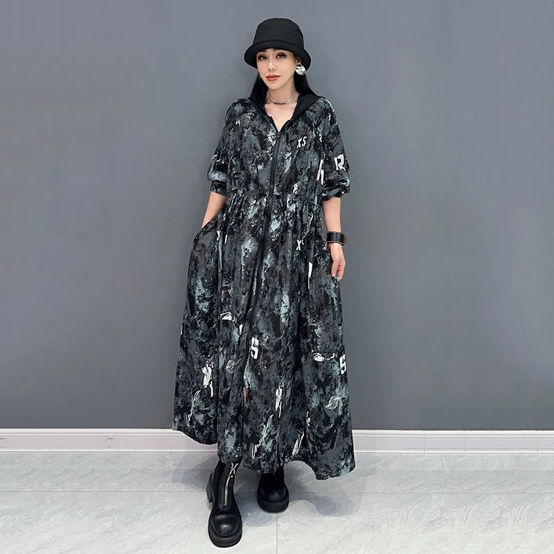 XITAO Hooded Print Sun-proof Dress Casual Fashion Zipper Splicing Long Sleeve Women 2024 Summer New Loose Blouse Dress ZY8795