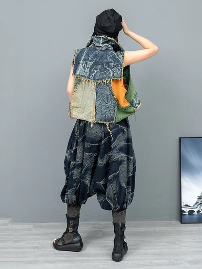 XITAO Denim Pants Sets Personality Fashion Irregular Contrast Color Patchwork Vest Calf-length Pants Two Pieces Sets LYD1878