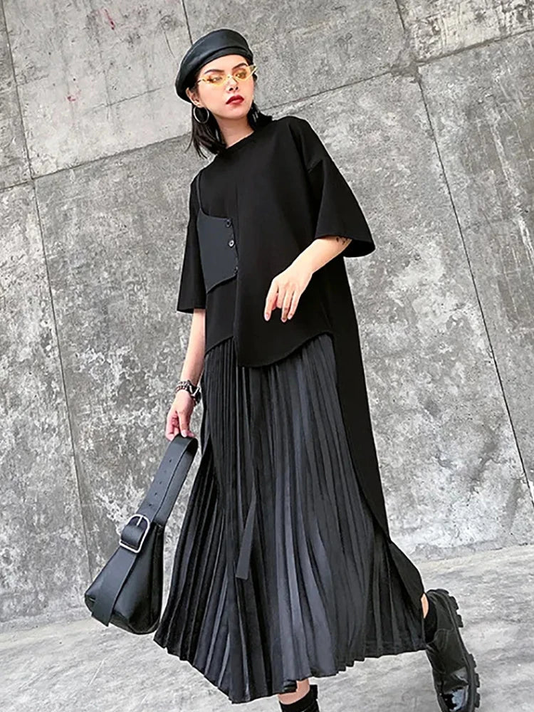 XITAO Black Two Piece Set Women Hlaf Sleeve Asymmetrical T-shirt Top Elastic Wasit Pleated Mid Calf Skirt Irregular Style WLD9510