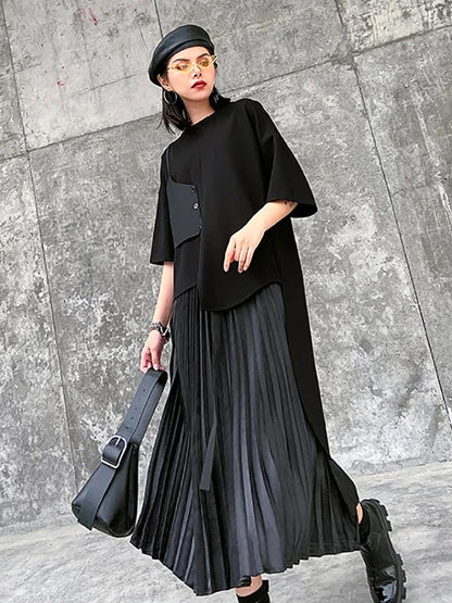 XITAO Black Two Piece Set Women Hlaf Sleeve Asymmetrical T-shirt Top Elastic Wasit Pleated Mid Calf Skirt Irregular Style WLD9510