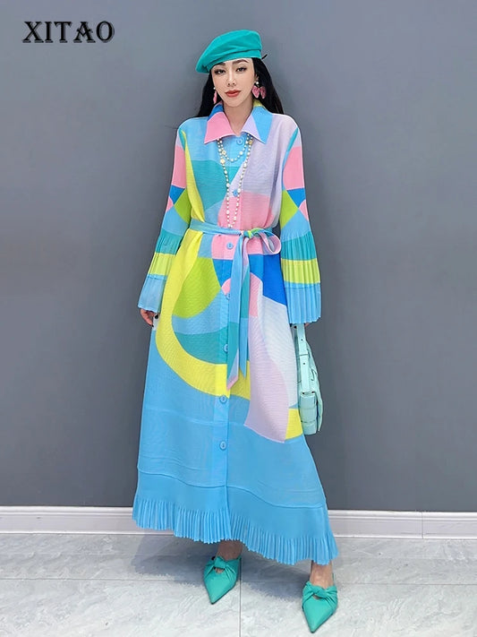 XITAO Print Dress Flounced Edge Flare Sleeve Turn-down Collar Contrast Color Spring Fashion Women New Shirt Dress LYD1583