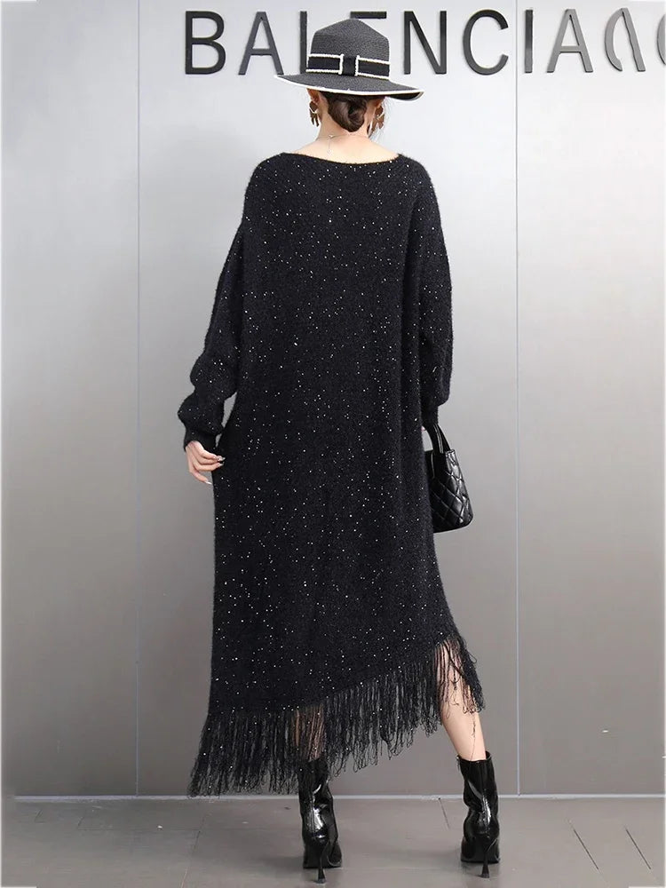 XITAO Sequined Tassel V-neck Full Sleeve Dress Europe Casual Solid Color A-line Mid-calf Knitting Autumn Women Dress GMM1279