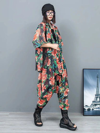 XITAO Hooded Out Women Pant Sets Personality Patchwork Big Flower Print Irregular Top Pants Two Pieces Sets Street Trendy ZY8691