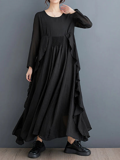 XITAO Gauze Patchwork Flounced Edge Dress Solid Color O-neck Pullover Long Sleeve Fashion Casual Dresses 2024 Autumn HJF5117