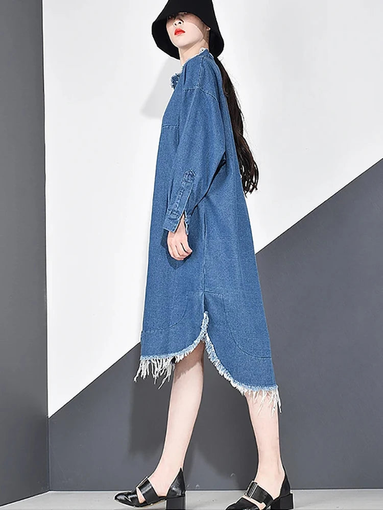 XITAO Casual Denim Tassel Trench Simplicity Loose Spring New Fashion Stand Collar Match All Women Clothes Women Coat KY655