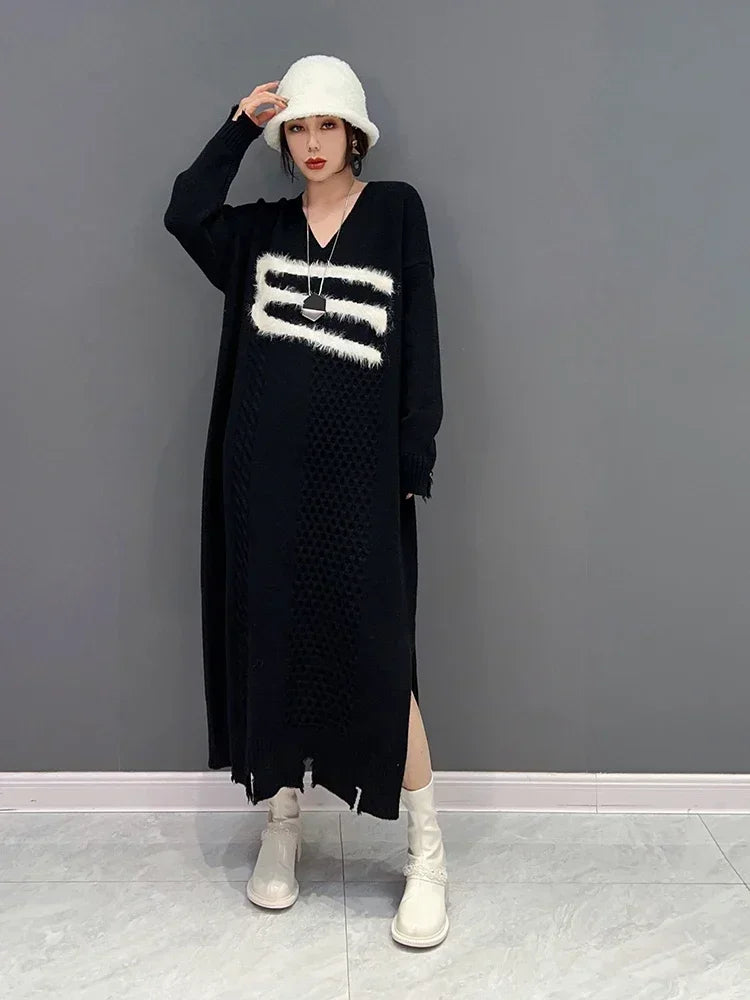 XITAO Knitted Dress Fashion Pullover Small Fresh Full Sleeve Goddess Fan Casual Style 2024 Winter Patchwork Dress FBB1184