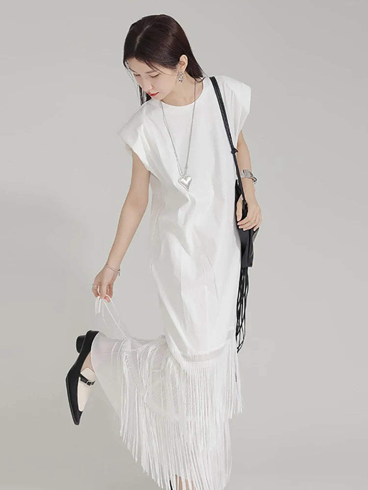 XITAO Tassel Patchwork Sleeveless Dress Pocket Solid Color O-neck Pullover Loose Ankle-length Dress 2024 Summer Casual ZY8819