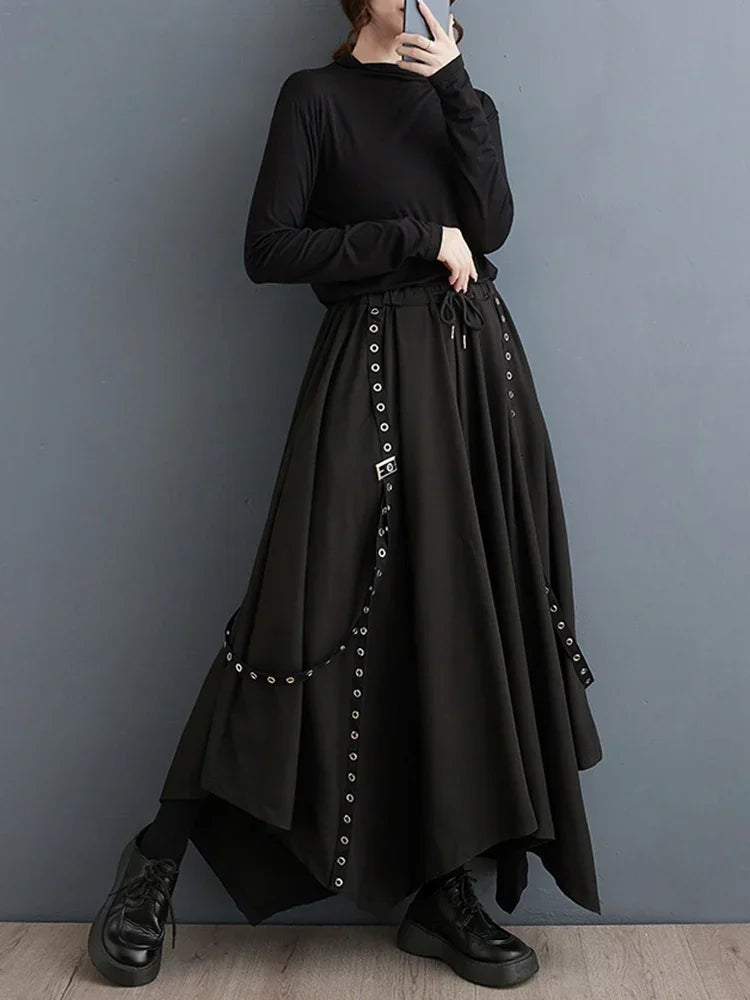 XITAO Irregular Black Wide Leg Pants Personality Rivet Webbing Decoration Culottes Fashion Women Street All-match Trendy DMJ3432