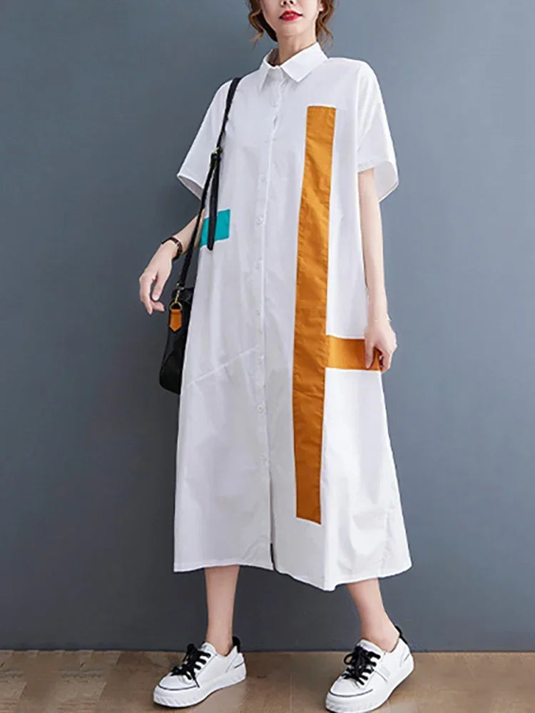 XITAO Simplicity Casual Shirt Dress Loose Fashion Contrast Color Patchwork Bat Wing Sleeve Shirt Dress Summer New WLD13734