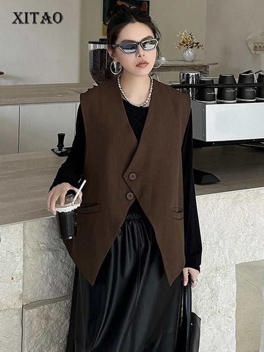 XITAO Female Irregular V-neck Vests Loose Slimming All-match Women Autumn New Casual Fashion Trend Solid Color Top DMJ5002