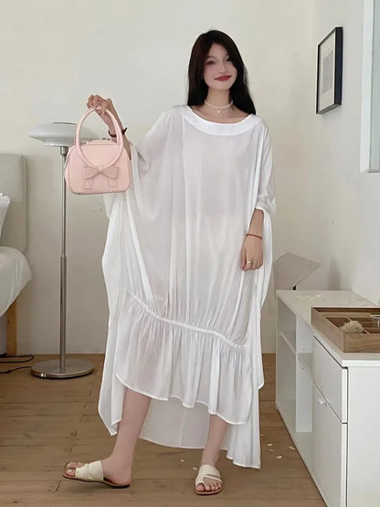 XITAO Asymmetrical Flounced Edge Folds Dress Solid Color Pullover Batwing Sleeve Fashion Slimming Summer New Casual ZY8835