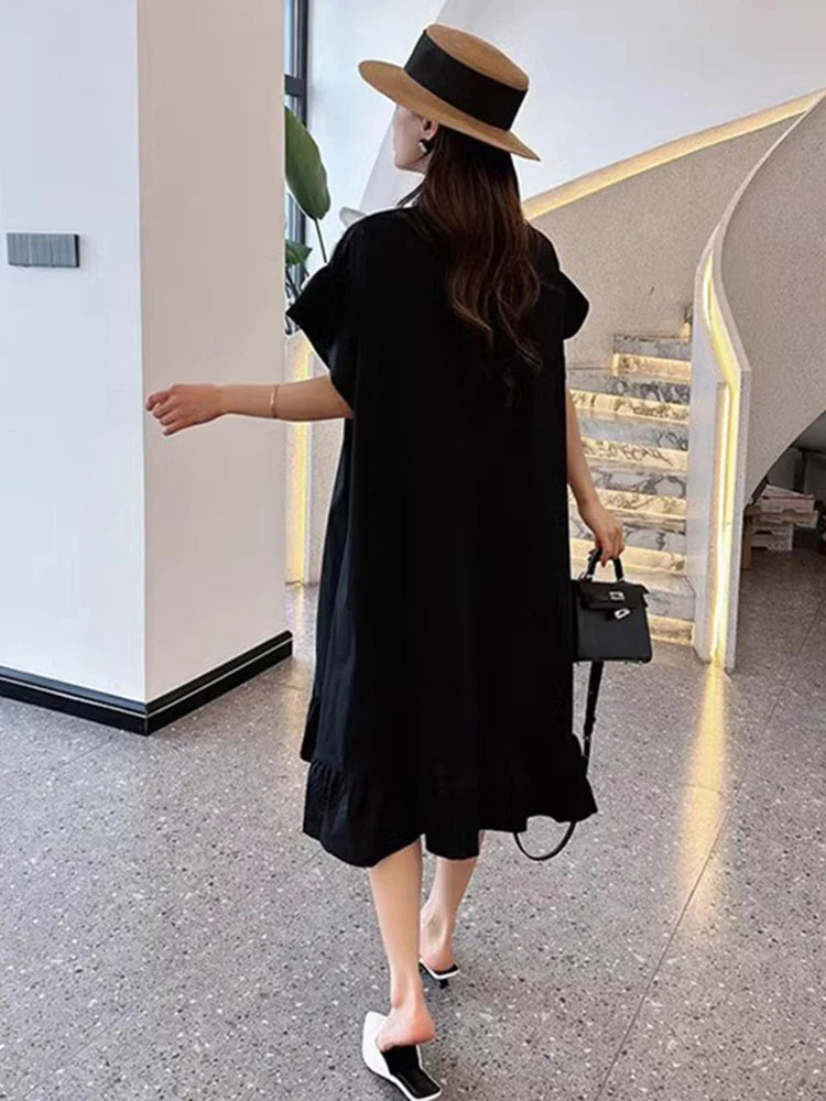 XITAO Three-dimensional Decoration Dress Asymmetrical Patchwork Turn-down Collar Single Breasted Shirt Dress 2024 Summer ZY8779