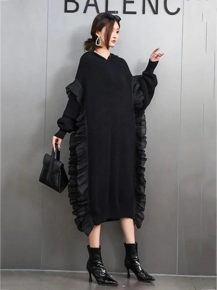 XITAO Ruffles Batwing Sleeve V-neck Dress Fashion Casual Solid Color Straight Knitting Mid-calf Loose Autumn Women Dress GMM1294