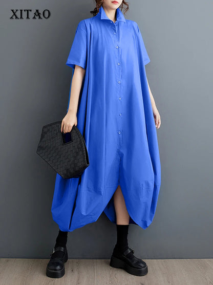 XITAO Casual Irregular Shirt Dress Solid Color Simplicity Loose Short Sleeve Turn-down Collar Women Summer New Dress WLD20203