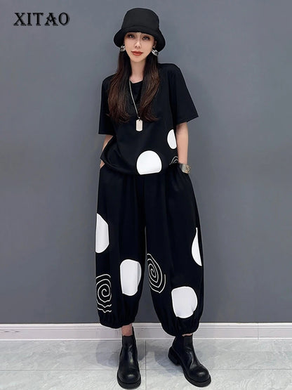 XITAO Printed Dot Pant Set Vintage Short Sleeve Elastic Waist Harlan Pants All Match Loose Fashion Women New Set LYD1811