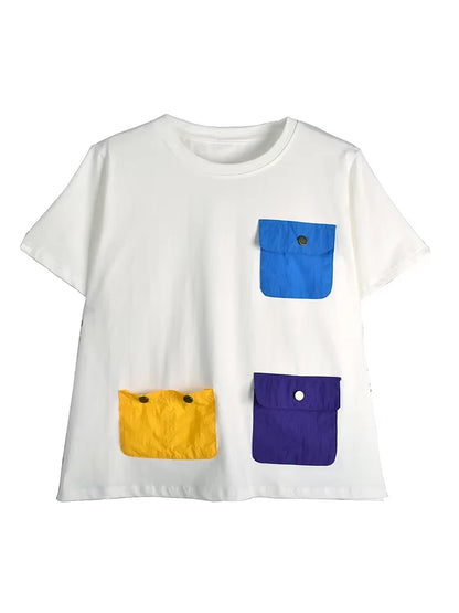 XITAO Pocket Patchwork Contrast Color T-Shirts O-neck Pullover Short Sleeve Casual All Match Slimming Loose T-Shirts ZY8922