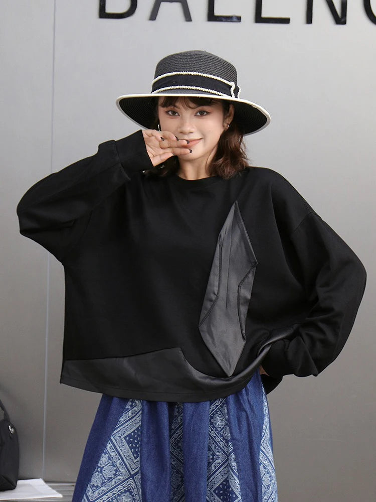 XITAO Black Patchwork Long Sleeve O-neck T-Shirts Loose Pullover Slimming All Match Casual Tops 2024 Autumn Fashion New GJ1091