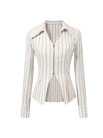 XITAO Full Sleeve Striped Shirt Turn Down Collar Slimming Personality Zippers Spring Women New All-match Shirt LYD1321