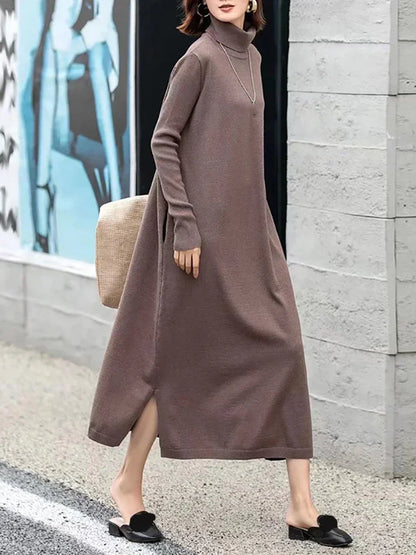 XITAO Knitting Half High Collar Split Dresses Solid Color Pullover Loose Mid-calf Loose Sweaters Dress Spring Casual DMJ3396