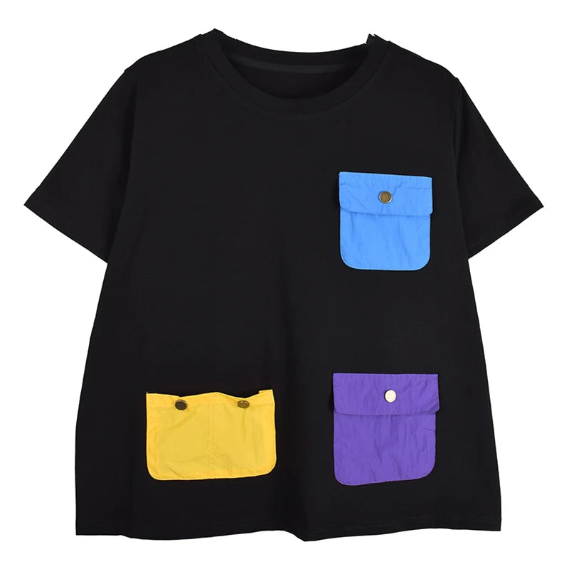 XITAO Patchwork Pocket O-neck Half Sleeve T-shirt Casual Solid Color Loose Fitting Personality Summer Female T-shirt GJ1132