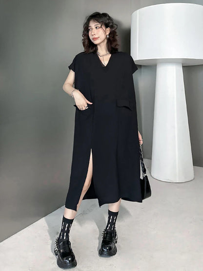 XITAO Side Split Casual Dress O-neck Short Sleeve Pullover Solid Color Simplicity Loose Summer Fashion Women New Dress LYD1769