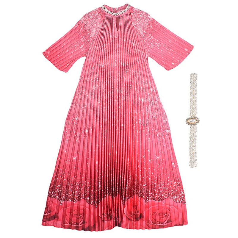 XITAO Pleated Dress Gradient Color Peony Flower Print Pin Bead Fashion Half Sleeve Stand Collar Dress Summer New Women LYD1879