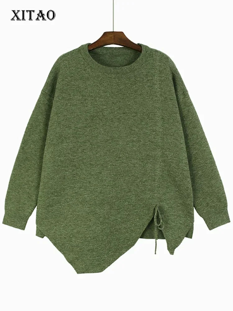 XITAO Asymmetrical Knitting Shirring Pullovers Solid Color O-neck Loose Casual Sweaters 2024 Spring All Match New DMJ3140