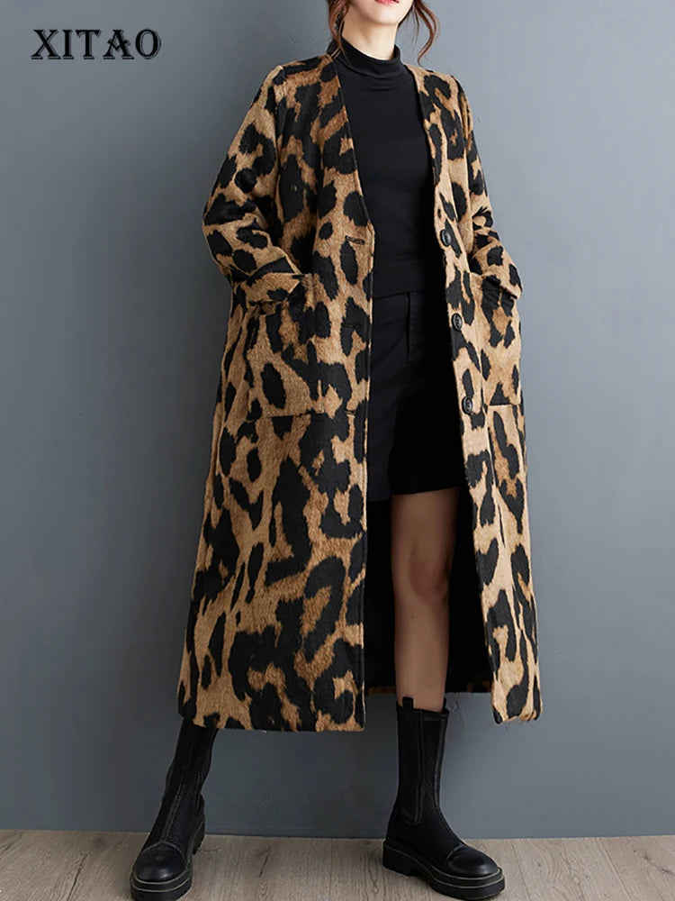 XITAO Leopard V-neck Single Breasted Blends Vintage Long Sleeve Wide Waist Mid-calf All Match Coat 2024 Autumn Fashion ZY8909