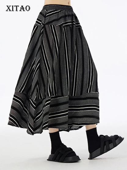 XITAO Striped Patchwork Elastic Waist Skirts A-line Loose Fashion Ankle-Length All Match Casual Skirts 2024 Autumn New HJF91533