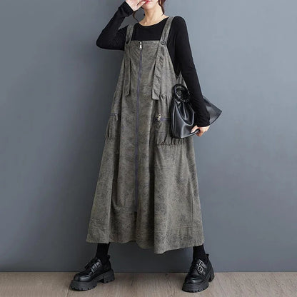 XITAO Zipper Pocket Spaghetti Strap Dresses Square Collar Solid Color Patchwork Loose Pullover Sleeveless 2024 Autumn New LJ1014