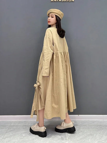 XITAO Irregular Folds Shirt Dress Solid Color Pleated Splicing Bow Hem Spring Long Sleeve Turn-down Collar Shirt Dress WLD8722