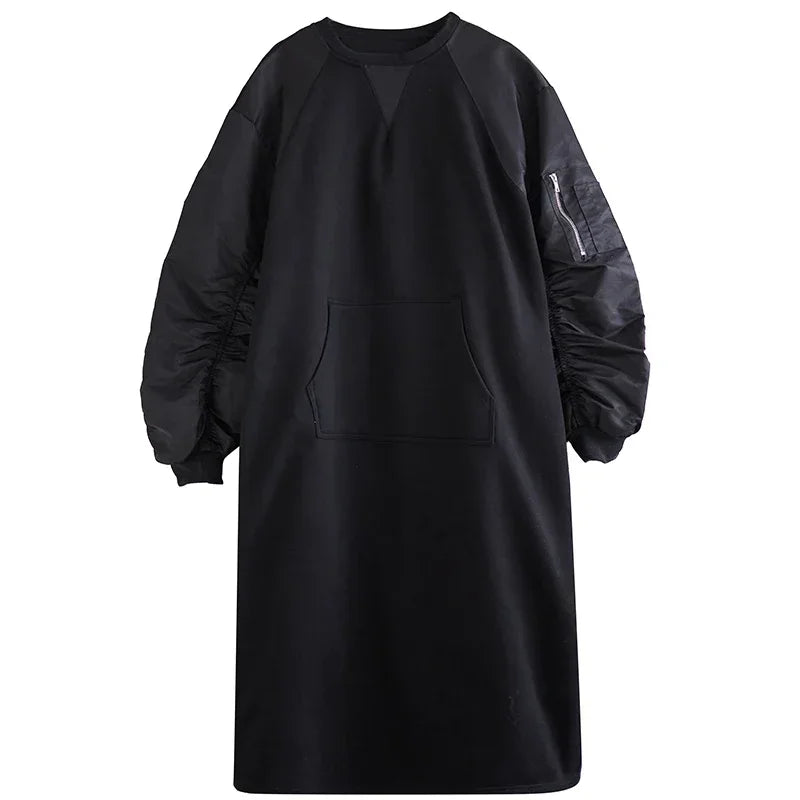 XITAO Contrast Color Patchwork Dress Folds Splicing Long Sleeve Pullover Loose Sweatshirt Dress Winter New Women HQQ2007