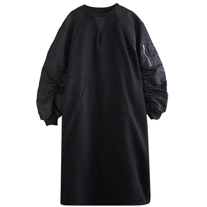 XITAO Contrast Color Patchwork Dress Folds Splicing Long Sleeve Pullover Loose Sweatshirt Dress Winter New Women HQQ2007