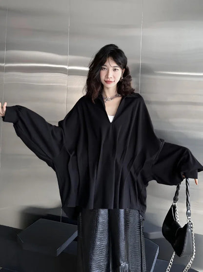 XITAO Asymmetrical Folds Batwing Sleeve Women Blouse Solid Color V-neck Pullover Loose Slimming Top Coat 2024 Autumn New ZY8887