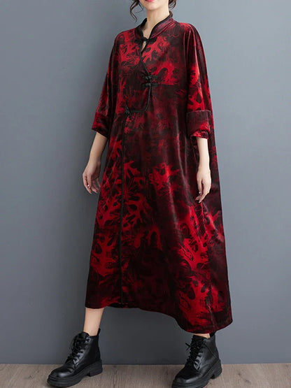 XITAO Velvet Printing Dress Stand Collar Coil Buckle Long Sleeve Vintage Literary Artistic National Style Dress New DMJ3415