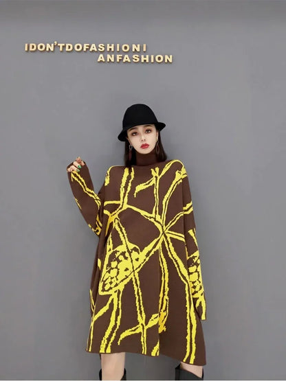 XITAO Knitting Print Dress 2024 Spring New Arrival Fashion Temperament Casual Turtleneck Long Sleeve Loose Korea Women GWJ0866