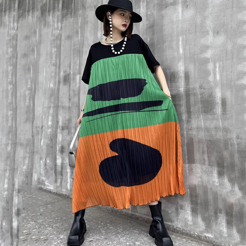 XITAO Short Sleeve O-neck Contrast Color A-line Dress Fashion Patchwork Pleated Loose Slimming Women Summer New Dress LYD1884