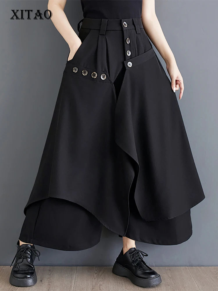 XITAO Asymmetrical Patchwork Pocket Pants Solid Color Button Fly Pleated Loose Wide Leg Pants 2024 Summer Casual New ZY8759