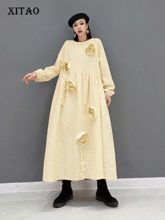 XITAO Autumn New Korea Dress 2024 Fashion Loose Long Solid Color Three-dimensional Flower Decoration Casual Women WMD3784