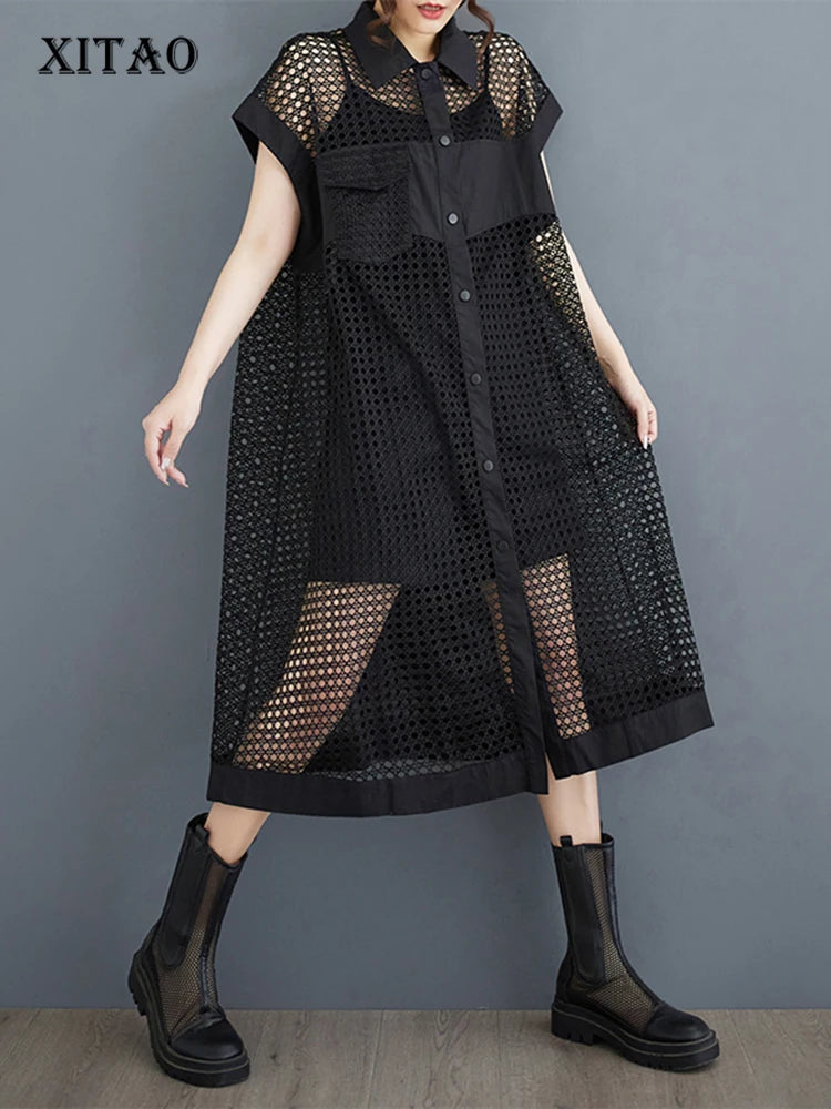 XITAO Mesh Hollowing Shirt Dress Loose Fashion Loose Turn-down Collar Single Breasted Dress 2024 Summer New Women HQQ2336