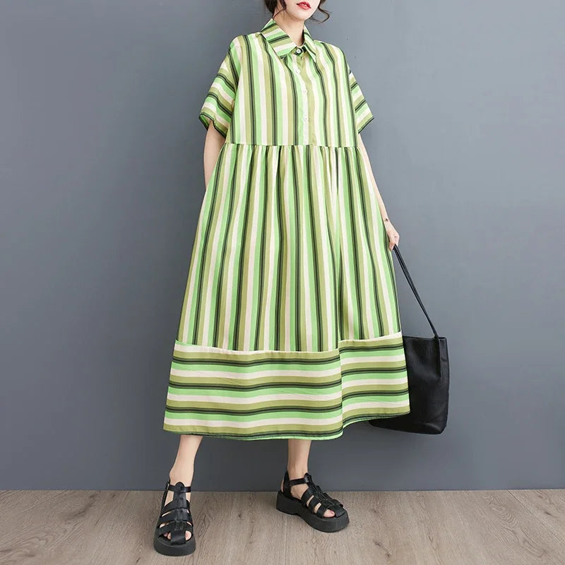 XITAO Striped Dress Fashion Women New Pullover Goddess Fan Casual Style 2024 Summer Minority Loose Elegant Dress WLD11315