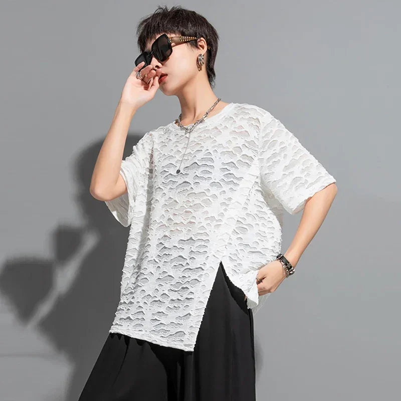 XITAO Hollow Out O-neck Pullover T-shirts Solid Color Loose Side Split Summer New Arrival Casual Fashion All Match HQQ0053