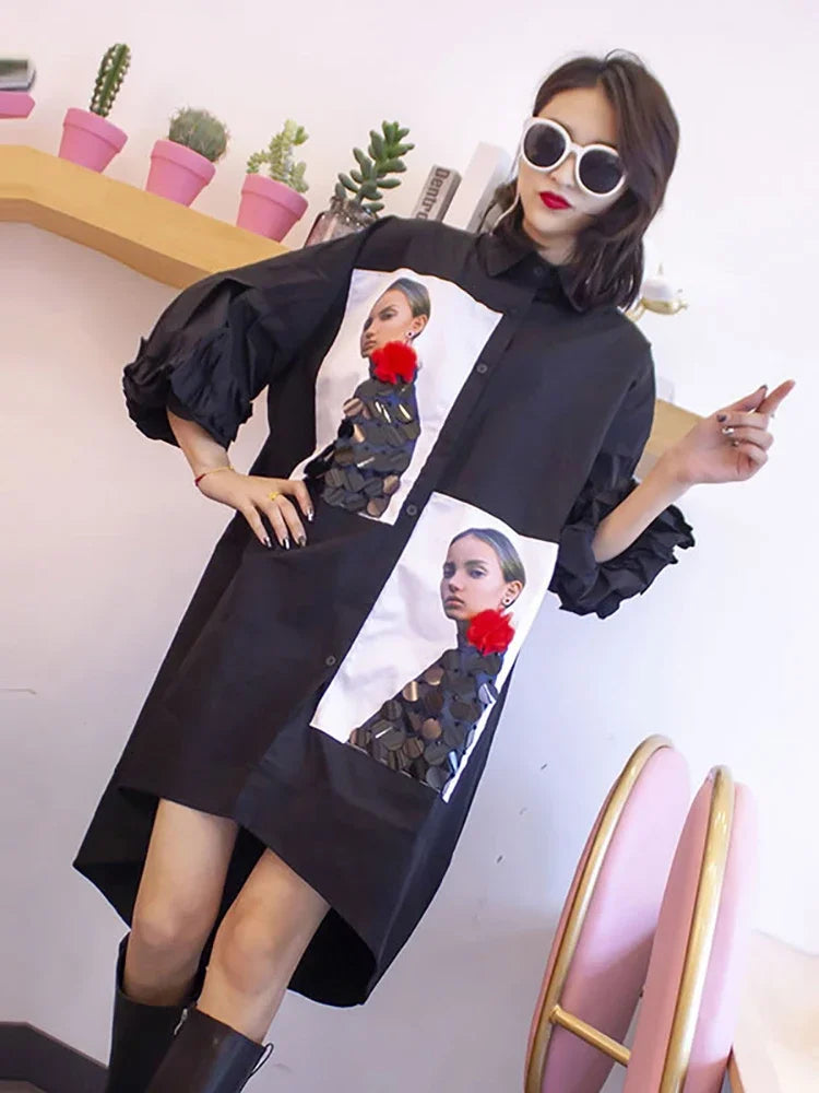 XITAO Print Pattern Blouse Fashion New Women Single Breast Irregular Black Pleated Goddess Fan Casual Shirt WMD1596