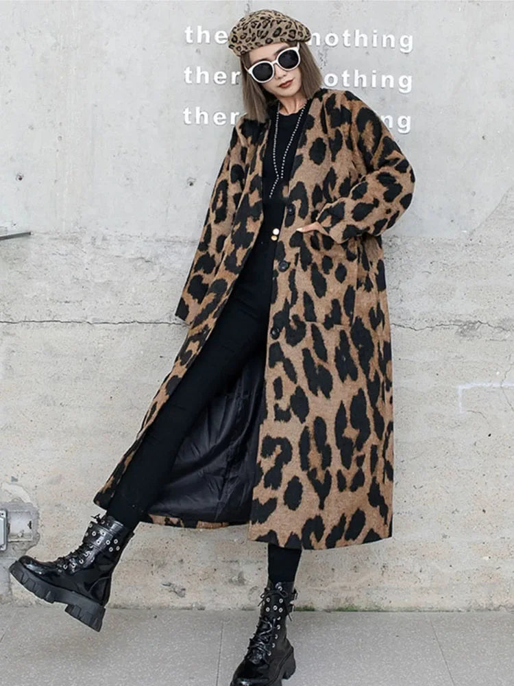 XITAO Leopard Women Blends Contrast Color Splicing Simplicity Temperament V-neck Fashion Autumn Winter 2024 New Coat HJF10107