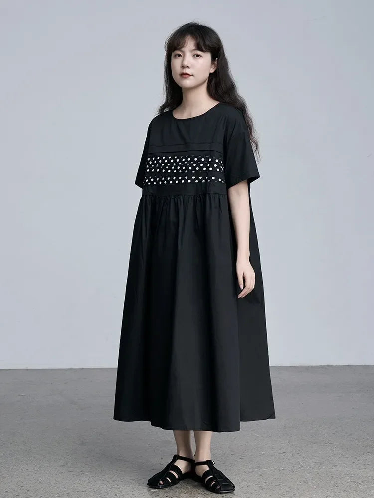 XITAO Dot Print O-neck Patchwork Dress Solid Color Short Sleeve Pullover Mid-calf Loose Casual Dresses 2024 Summer New DMJ5000