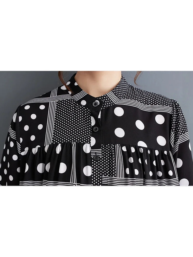 XITAO Print Dot Pullover Stand Collar Long Sleeve Dress Loose Patchwork Spring New Arrival Casual Fashion All Match DMJ2426