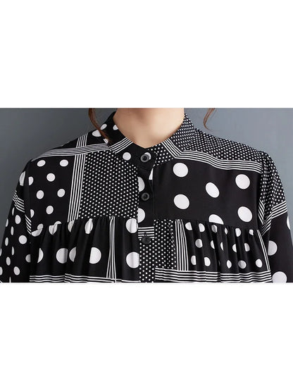 XITAO Print Dot Pullover Stand Collar Long Sleeve Dress Loose Patchwork Spring New Arrival Casual Fashion All Match DMJ2426